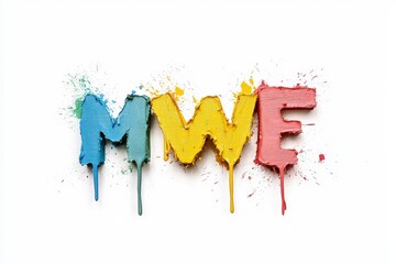 Poster - Colorful Abstract Art Text with Dripping Paint in Blue, Yellow and Pink on a White Background