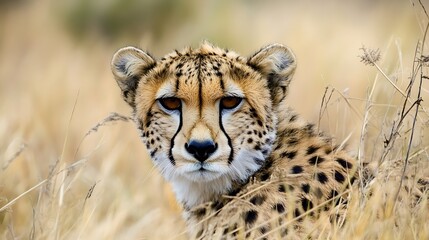 Poster - Majestic Cheetah Resting Amidst Golden Grasses Under a Bright Blue Sky : Generative AI
