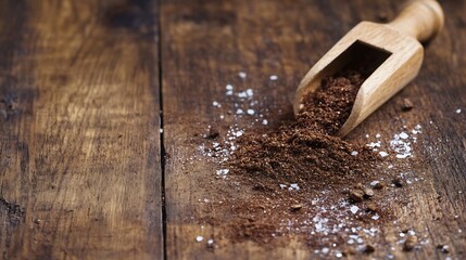 Poster - Organic coffee grounds spilled from wooden scoop onto rustic wooden surface for beverage making : Generative AI
