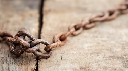 Poster - Close up view of an antique rusty chain resting on a wooden surface showcasing its texture and aged appearance : Generative AI