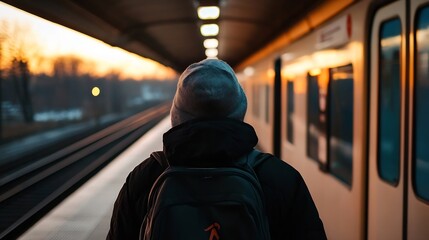 Poster - Commuter waiting at a train station during a stunning sunset view : Generative AI