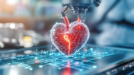 Fototapete - Creating artificial organs with bioprinting technology, showcasing digital heart. This innovative process represents future of medical advancements and organ transplantation
