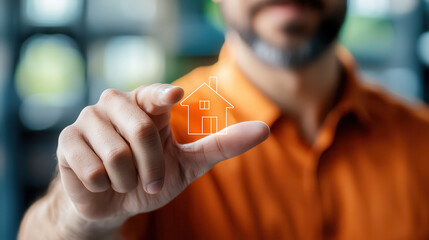Fototapete - Man holding digital house icon, representing futuristic home design and technology. image conveys innovation and modern living solutions