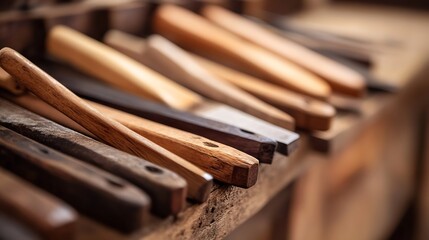 Poster - Various wooden tool handles arranged in stunning detail showcasing craftsmanship and artistry : Generative AI