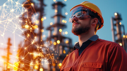 Poster - High tech refinery worker in safety gear with holographic display