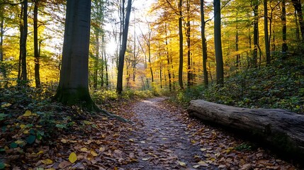 Poster - Tranquil forest path covered in colorful autumn leaves creating a scenic nature walk : Generative AI