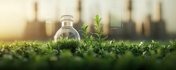 Poster - glass flask surrounded by green plants symbolizes innovation in sustainable biofuel production. image captures harmonious blend of nature and technology