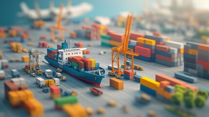 Poster - Container ship docked in harbor alongside stacked shipping containers on a clear day