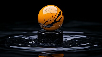 Poster - Vibrant Orange Sphere on Black Surface with Water Ripples and Shadows
