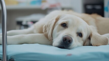 Poster - Loyal golden retriever resting on a bed looking up with soulful eyes : Generative AI