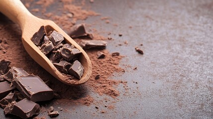 Poster - Rich dark chocolate pieces scattered on a rustic surface with a wooden scoop creating a tempting scene : Generative AI