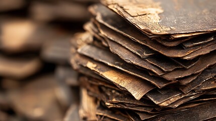 Poster - Closeup view of aged and weathered ancient manuscripts stacked haphazardly revealing unique textures and surfaces : Generative AI