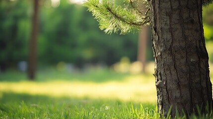 Poster - An enchanting close view of a pine tree trunk surrounded by lush greenery in a sunlit forest setting : Generative AI