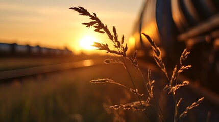 Poster - Golden sunset over a grassy field with railway background and glowing sun : Generative AI