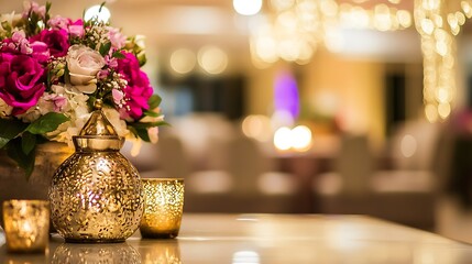 Fototapete - Elegant floral arrangement with pink and white roses and decorative lanterns creating a warm ambience : Generative AI