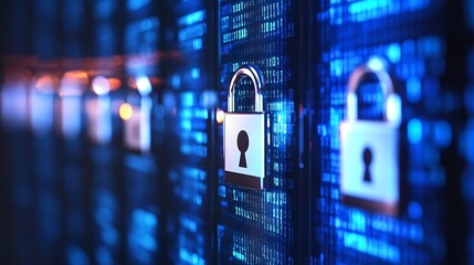 Leinwandbilder - Digital illustration of padlocks on a glowing blue background representing cybersecurity and data protection : Generative AI