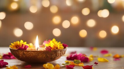 Poster - Beautiful traditional oil lamp surrounded by colorful flower petals creating a stunning light effect : Generative AI