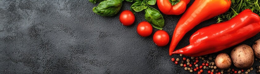 Poster - Fresh red peppers, tomatoes, basil, & mushrooms on dark background. Food blog use