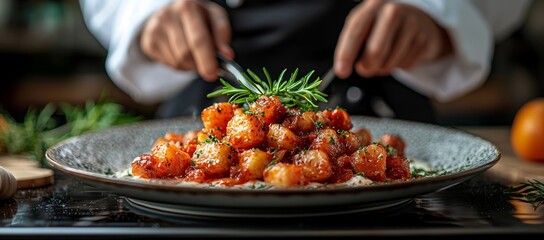 Wall Mural - Chef plating gnocchi tomato sauce. Kitchen background. Food photography