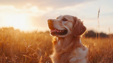 Aufkleber - Golden retriever enjoying a sunny day in a field with blooming grass and colorful skies : Generative AI