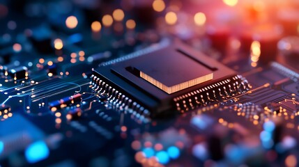 Poster - Hightech microprocessor on printed circuit board surrounded by glowing electronic components : Generative AI
