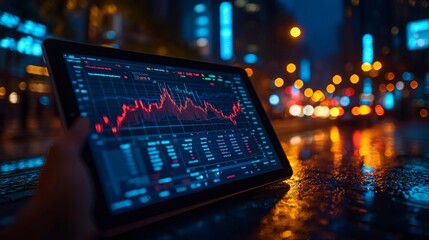 Poster - Analyzing financial market trends using digital displays at night urban environment graphical data on electronic device technology insight