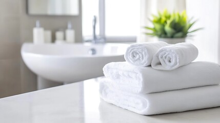 Fototapete - Neatly arranged white towels stacked on a bathroom countertop with fresh plants in a bright environment : Generative AI