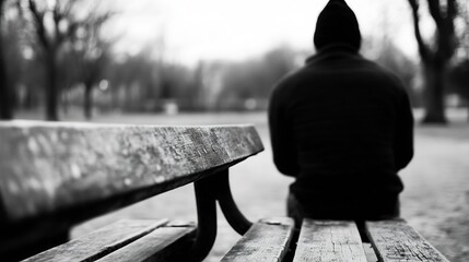Poster - Lonely figure sitting on a weathered park bench reflecting in a peaceful black and white setting : Generative AI