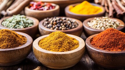 Poster - Colorful assortment of aromatic spices in wooden bowls creating a vibrant culinary display : Generative AI