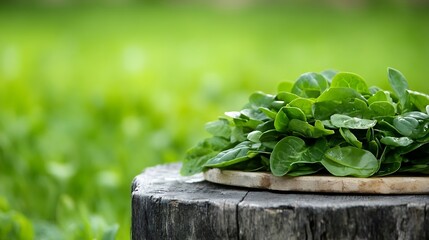 Aufkleber - Fresh spinach leaves displayed on a wooden board amidst a vibrant green garden setting : Generative AI