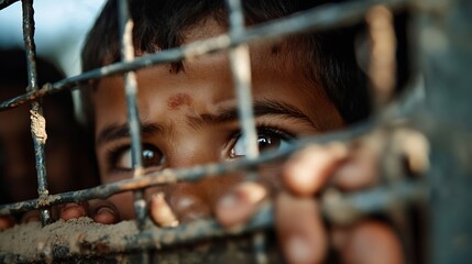 Aufkleber - Emotional close up of a child's eyes peering through a fence evoking feelings of longing and hope : Generative AI