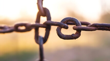 Poster - Closeup view of rusty chain links under warm sunlight showcasing weathered metal textures : Generative AI