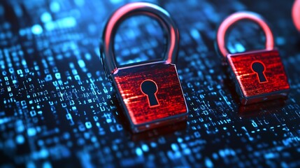 Leinwandbilder - Stylish representation of multiple padlocks over binary data reflecting advanced data protection technologies : Generative AI