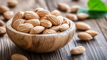 Poster - Close up of raw almonds displayed in a wooden bowl on a rustic surface ideal for healthy food shots : Generative AI