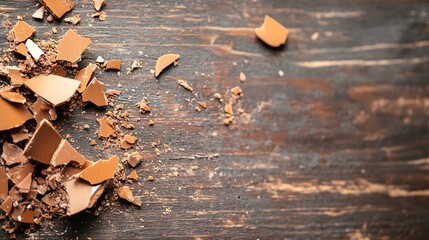 Aufkleber - Close up view of broken chocolate pieces scattered on rustic wooden table : Generative AI
