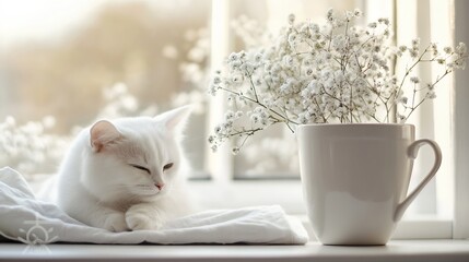 Poster - Calm white cat peacefully resting on the windowsill beside a blooming flower vase in natural light : Generative AI