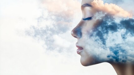 Poster - Dreamy Image of a Woman's Face Merged with Soft Clouds Creating a Peaceful Atmosphere : Generative AI