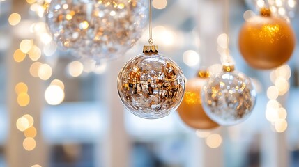 Poster - Elegant close up of Christmas ornaments glimmering with soft lights in a festive holiday setting : Generative AI