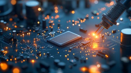 Poster - Innovative circuit board soldering process electronics lab close-up photography high-tech environment macro view precision engineering