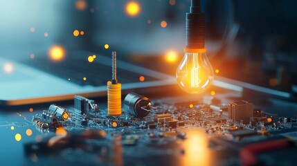 Poster - Innovative technology event showcasing circuit board and light bulb modern workspace digital content futuristic environment close-up view creative concepts