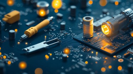 Poster - Innovative technology circuit board design modern workshop digital art high-tech environment close-up view futuristic concept
