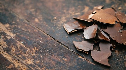 Aufkleber - Chipped pieces of chocolate scattered on rustic wooden surface evoking a cozy ambiance : Generative AI