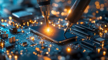 Poster - High-tech innovations in mobile device repair electronics workshop technical process laboratory setting close-up view advancements in technology