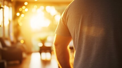 Leinwandbilder - Person standing in a cozy living room illuminated by warm sunlight creating a peaceful atmosphere : Generative AI