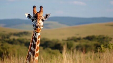 Poster - CloseUp Portrait of a Giraffe in a Natural Habitat Surrounded by Greenery : Generative AI