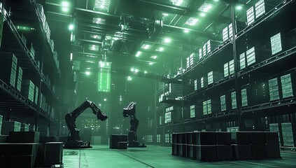Poster - Automated Warehouse: Robotic Arms Efficiently Manage Inventory in a Futuristic Facility at Night