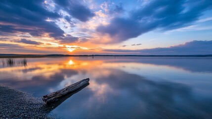 Poster - Serene lake reflecting colorful clouds and sunset hues with a log in the foreground : Generative AI