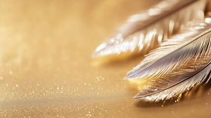 Poster - Glistening Golden Feathers on Shimmering Surface Creating a Luxurious Aesthetic Background : Generative AI