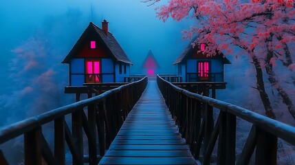 Wall Mural - tiny woodland houses serene misty scene of wooden pathway leading to colorful houses in twilight fog