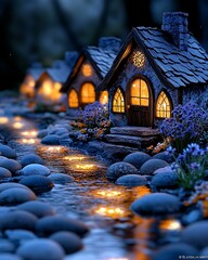Wall Mural - Tiny woodland houses Charming Fairy Tale Cottages Beside a Sparkling Stream at Dusk